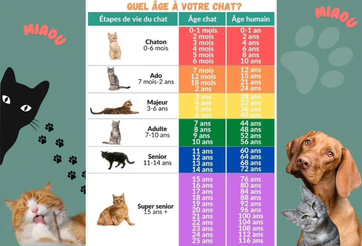 Équivalence entre l'âge du chat et l'âge humain, du chaton au super senior