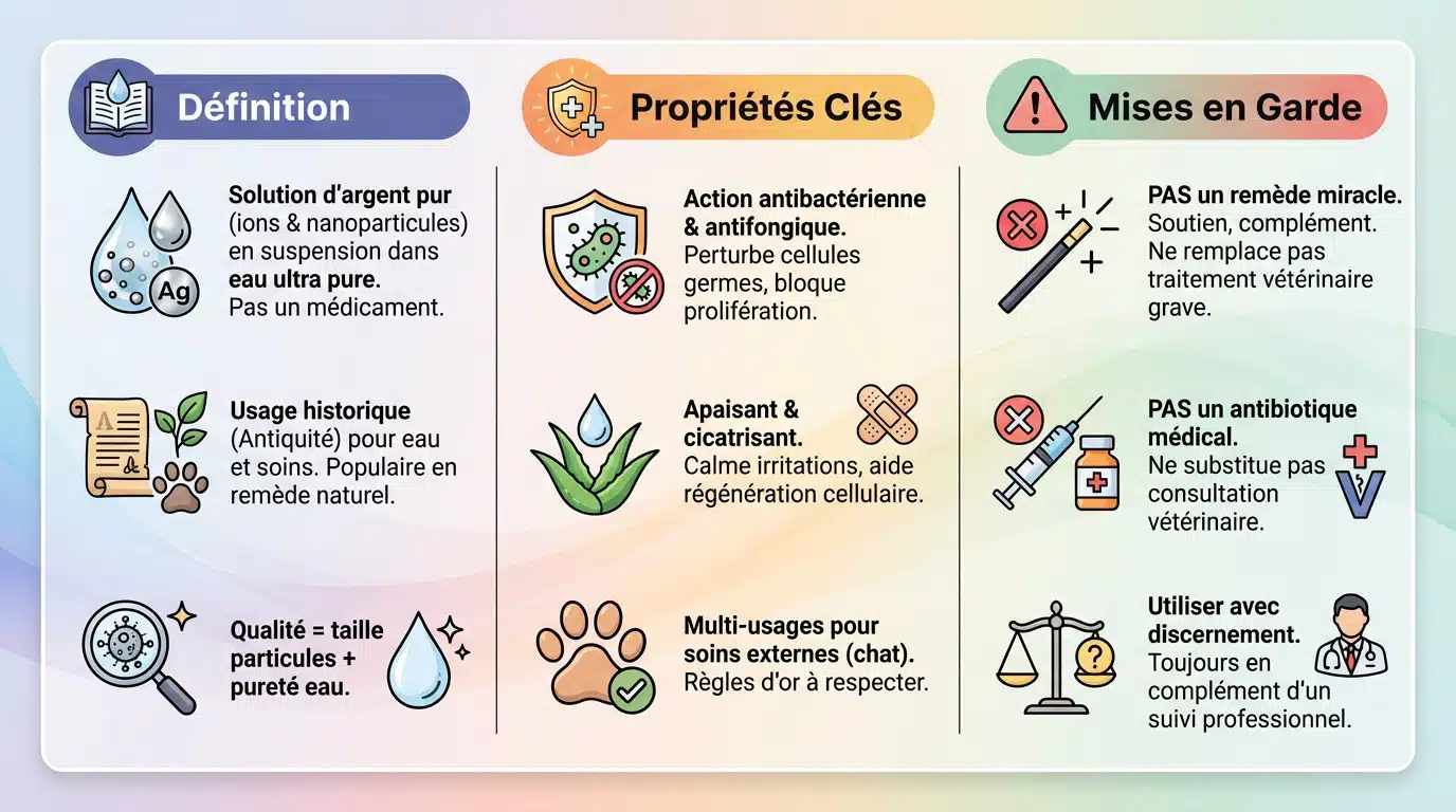 Infographie explicative sur les propriétés antibactériennes et les précautions d'usage de l'argent colloïdal pour les chats