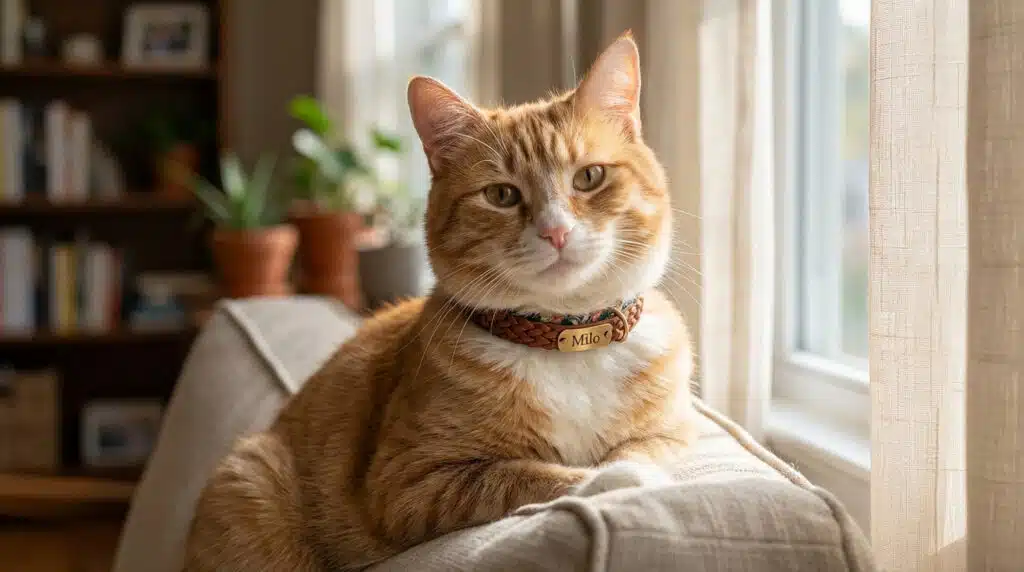 A contented ginger and white cat, Milo, wears a stylish braided leather collar with a personalized name tag, resting on a couch by a sunlit window.