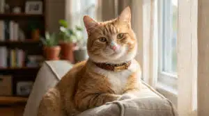 A contented ginger and white cat, Milo, wears a stylish braided leather collar with a personalized name tag, resting on a couch by a sunlit window.