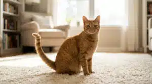 Un chat tigré roux est assis sur un tapis blanc moelleux dans un salon lumineux. Sa queue est dressée en point d'interrogation, signe de curiosité.