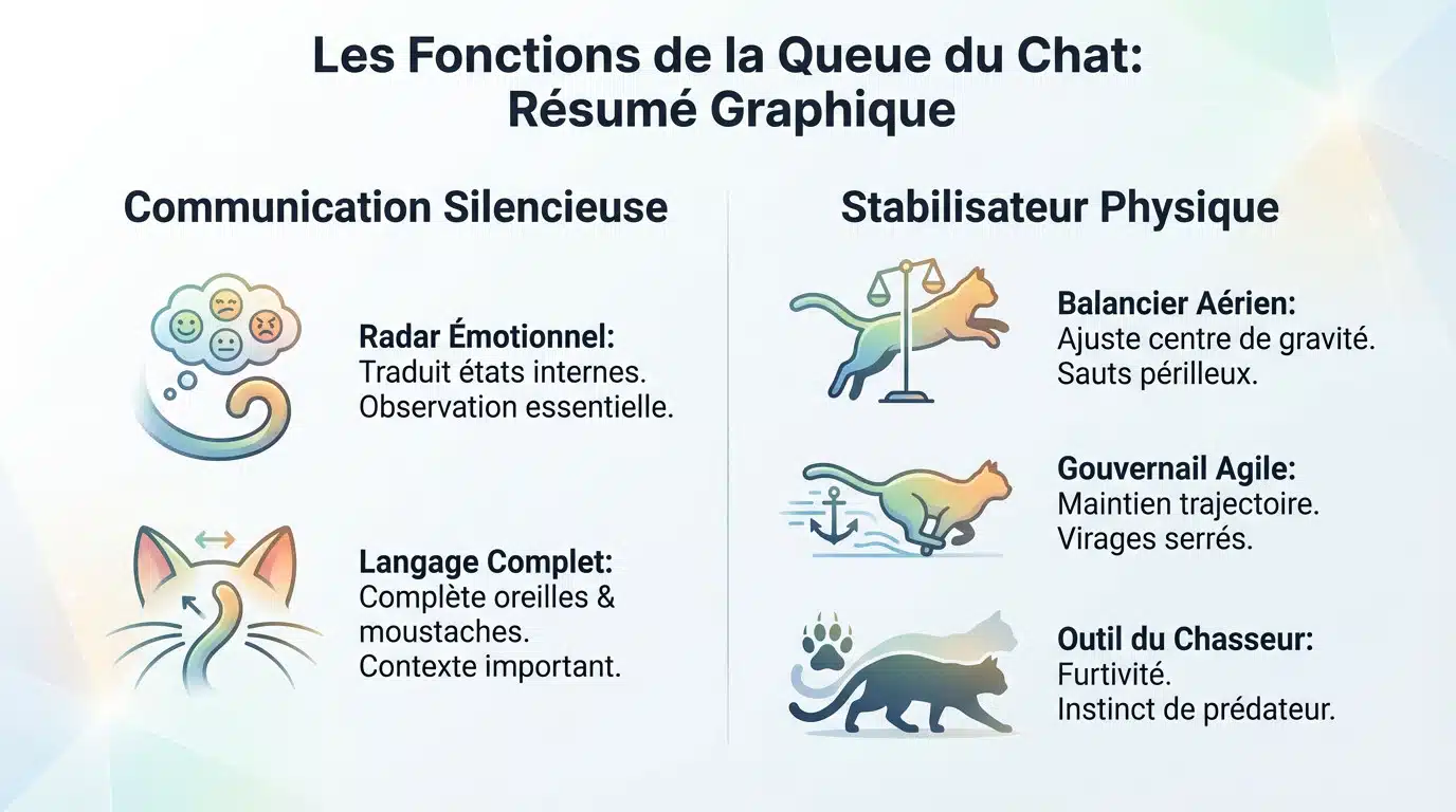 Schéma explicatif des fonctions d'équilibre et de communication de la queue du chat