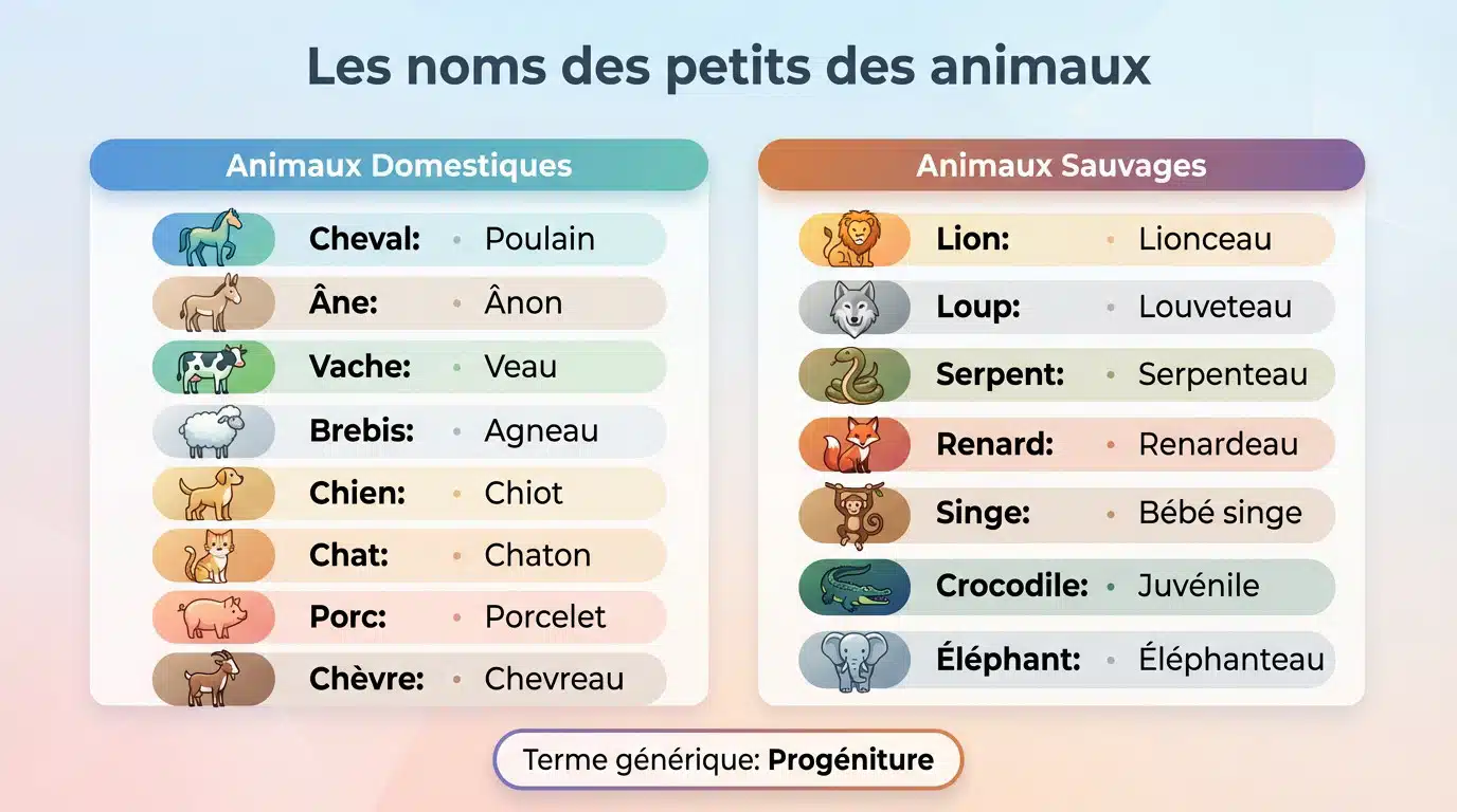 Illustration montrant divers bébés animaux comme le chiot et le chaton
