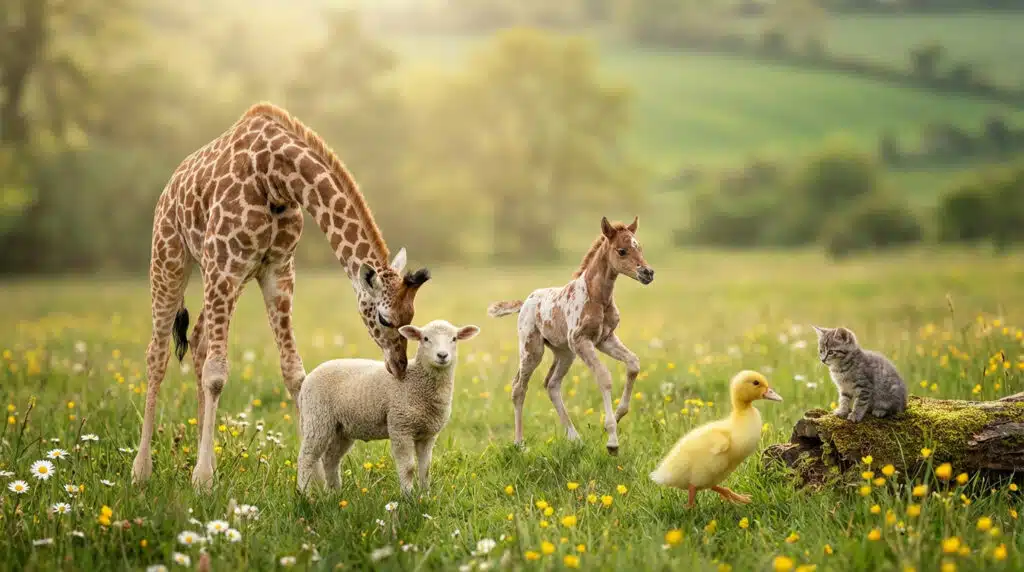 Baby giraffe nuzzles a lamb, foal prances, duckling approaches kitten on log in a sunlit meadow with wildflowers.