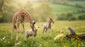 Baby giraffe nuzzles a lamb, foal prances, duckling approaches kitten on log in a sunlit meadow with wildflowers.
