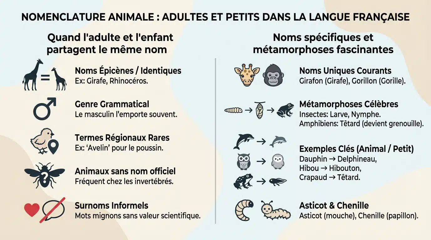 Tableau récapitulatif de la nomenclature animale présentant les noms des adultes mâles, femelles et de leurs petits en français