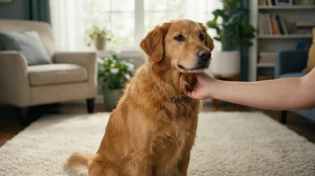 Tout savoir sur le rappel de vaccin pour votre chien Un golden retriever est assis sur un tapis clair, une main caresse son cou dans un salon lumineux.