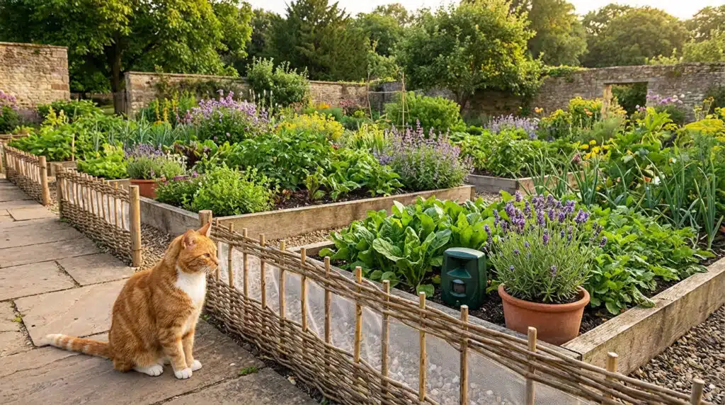 Un chat roux et blanc assis sur un chemin pavé, à côté d'un jardin luxuriant avec un appareil répulsif vert.