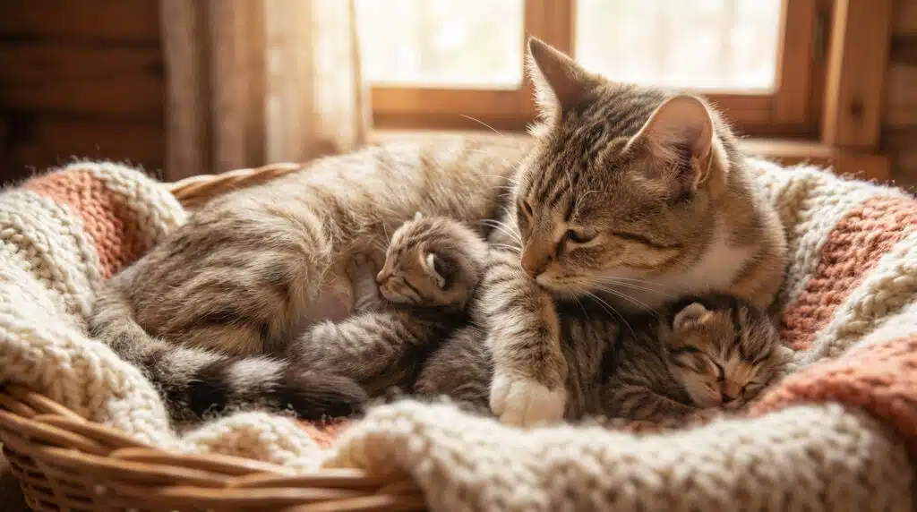 Gros plan sur une chatte tigrée et ses deux chatons nouveau-nés, tous endormis dans un panier douillet près d'une fenêtre ensoleillée.