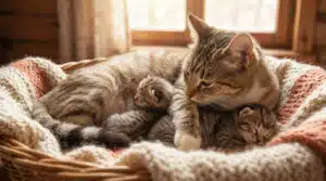 Gros plan sur une chatte tigrée et ses deux chatons nouveau-nés, tous endormis dans un panier douillet près d'une fenêtre ensoleillée.