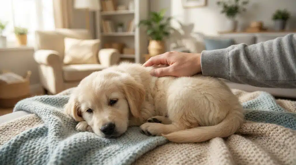 Un chiot Golden Retriever clair est allongé sur une couverture tricotée tandis qu'une main le caresse. Scène domestique chaleureuse.