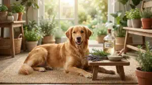 Chien heureux assis sur l’herbe illustrant un antipuce naturel chien efficace