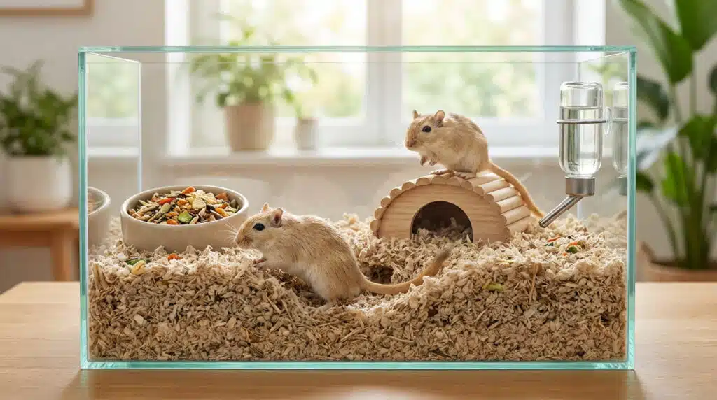 Gerbilles dans un terrarium aménagé illustrant une gerbille , petit animal de compagnie