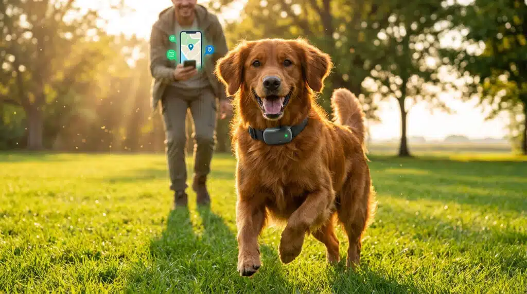 Chien avec collier GPS santé du chien souriant en extérieur