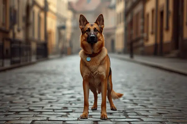 Berger Allemand dans une rue pavée, la Hundesteuer est un impôt municipal sur les chiens en Allemagne
