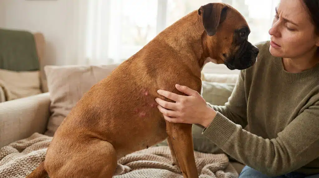 Une femme examine son boxer roux avec des plaques rouges sur le flanc, signe d'urticaire canine. Elle semble préoccupée.