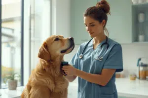 Vétérinaire lisant la puce électronique d un chien avec un lecteur RFID, identification obligatoire en France