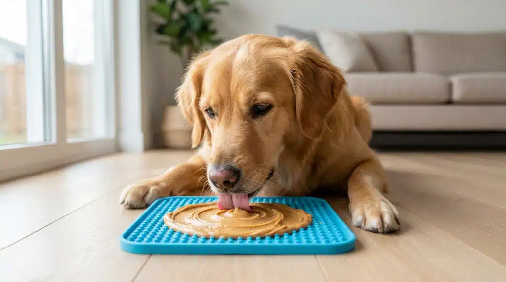 Chien savourant un tapis léchage chien pour réduire le stress