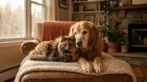 Vieux chat vieux chien allongés ensemble au soleil dans un cadre paisible