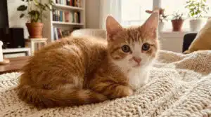 Chaton roux curieux allongé sur une couverture douillette, illustration pour assurance chaton