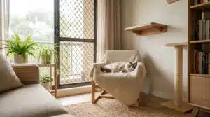 Chat Ragdoll paisible assis dans un salon moderne, illustrant quel chat choisir pour un appartement