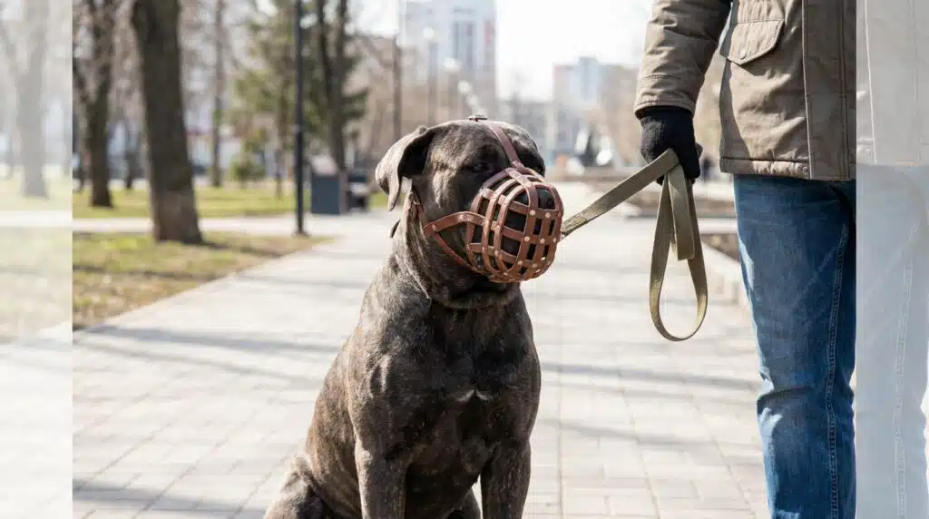 Chien catégorie 1 portant une muselière et tenu en laisse dans un parc