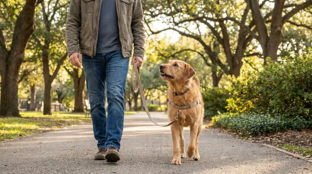 Chien en laisse marchant calmement dans un parc illustrant comment apprendre à un chien à ne pas tirer en laisse