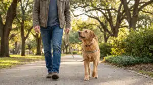 Apprendre à un chien à ne pas tirer en laisse : chien marchant calmement en laisse dans un parc