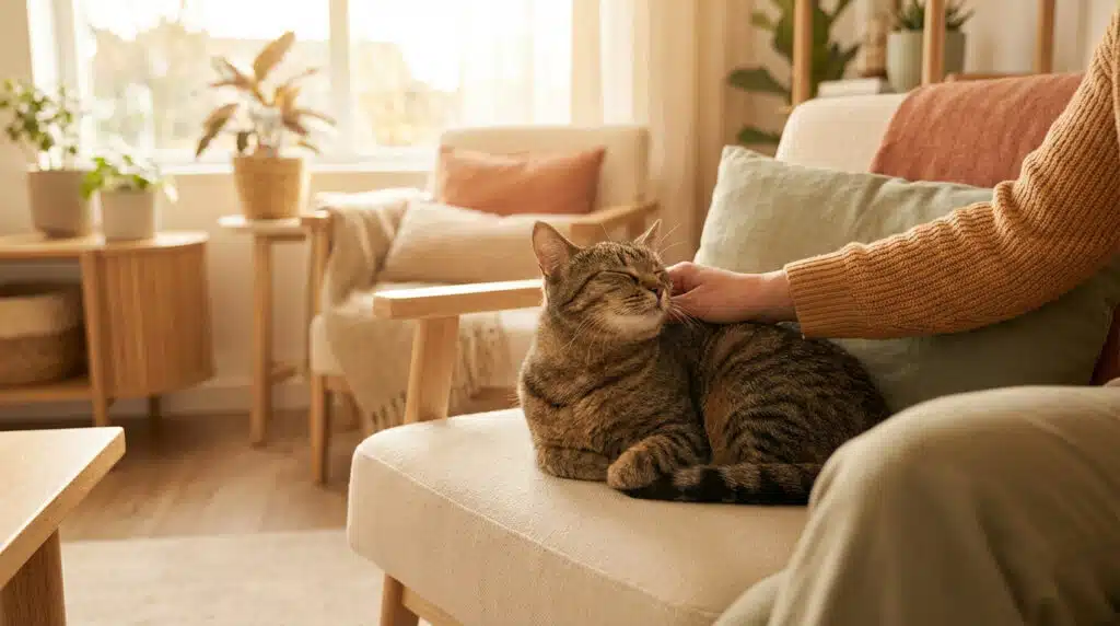 Comportementaliste felin en interaction douce avec un chat dans un intérieur chaleureux