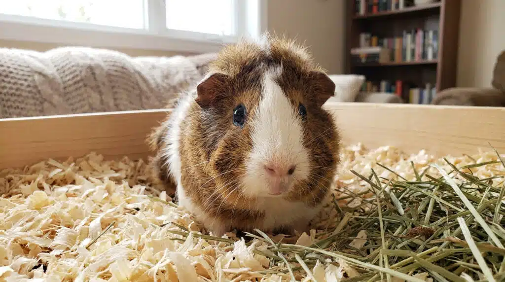 Cochon d'Inde heureux dans un habitat douillet illustrant la durée vie cochon dinde