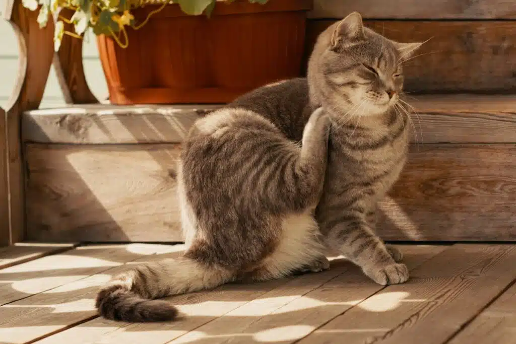 Chat qui se gratte derrière l'oreille, signe possible d'infestation par les puces
