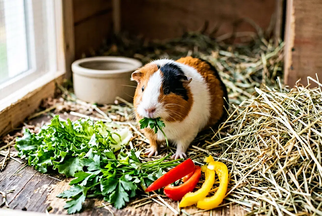 Alimentation du cochon d'Inde Cochon d'Inde mangeant des légumes frais à côté d'un tas de foin