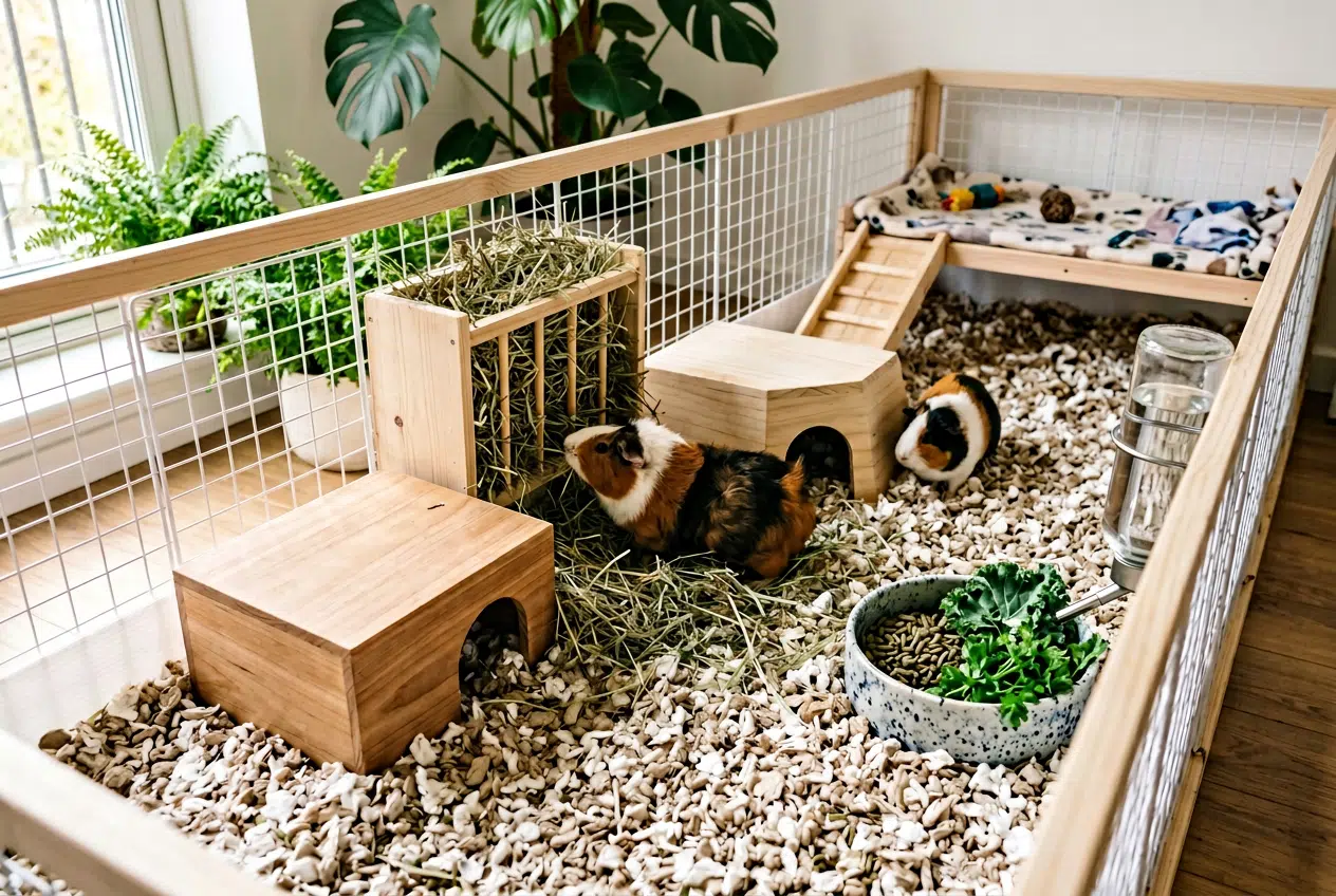 Cage de cochon d'Inde aménagée Cage spacieuse de cochon d'Inde avec litière, abri et foin