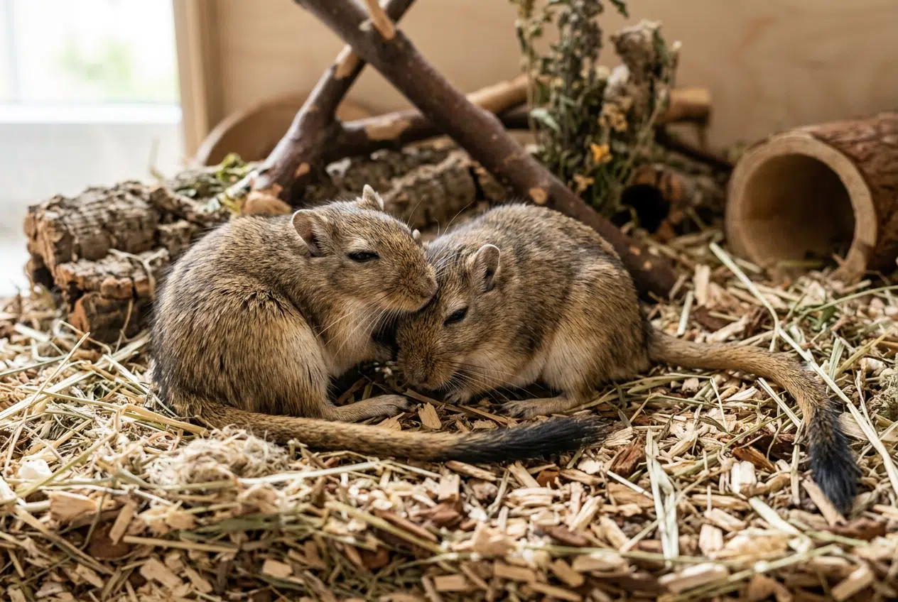 Deux gerbilles ensemble dans leur cage Deux gerbilles de Mongolie côte à côte sur un lit de litière, illustrant leur besoin de vivre en groupe