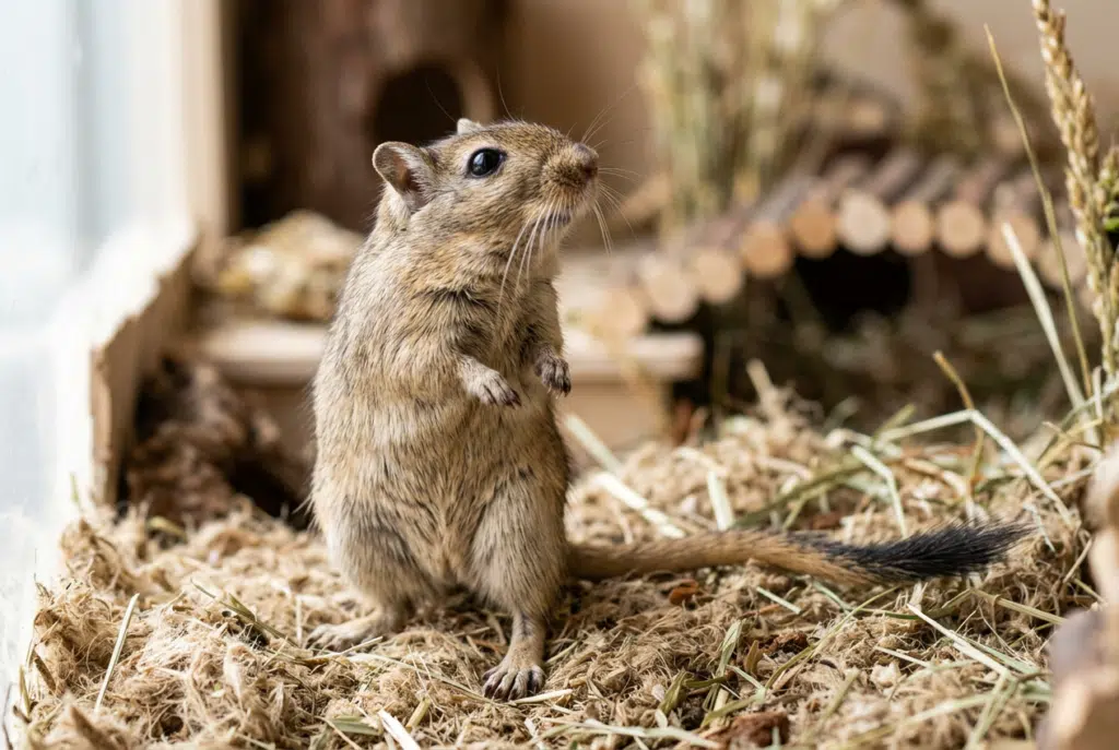 Gerbille de Mongolie au pelage brun agouti dressée sur ses pattes arrière sur un substrat épais