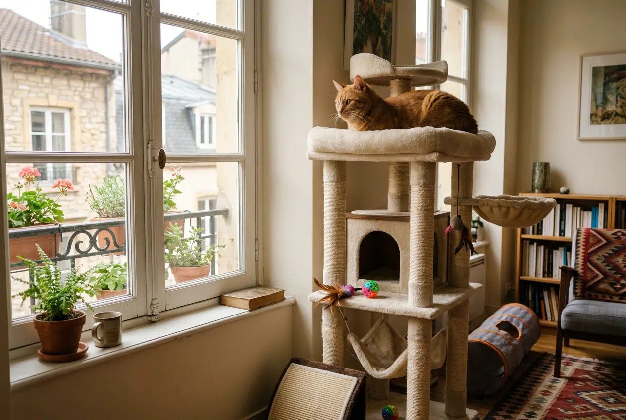 Enrichissement du territoire du chat, prévenir les bêtises Chat perché sur un arbre à chat près d'une fenêtre, environnement enrichi pour prévenir l'ennui et réduire les comportements indésirables