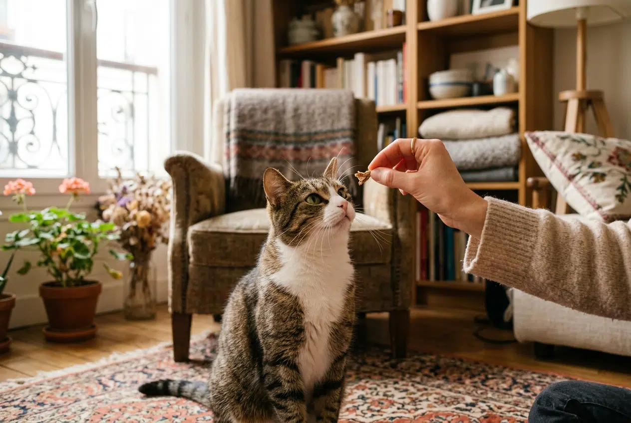 Récompenser son chat avec une friandise, éducation positive Renforcement positif : offrir une friandise à un chat pour récompenser immédiatement un bon comportement
