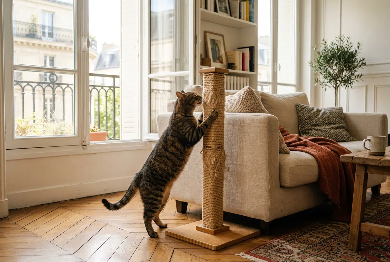 Rediriger le besoin de griffer vers un griffoir adapté Chat utilisant un griffoir en sisal à côté du canapé, apprendre à rediriger le besoin de griffer plutôt qu'à punir