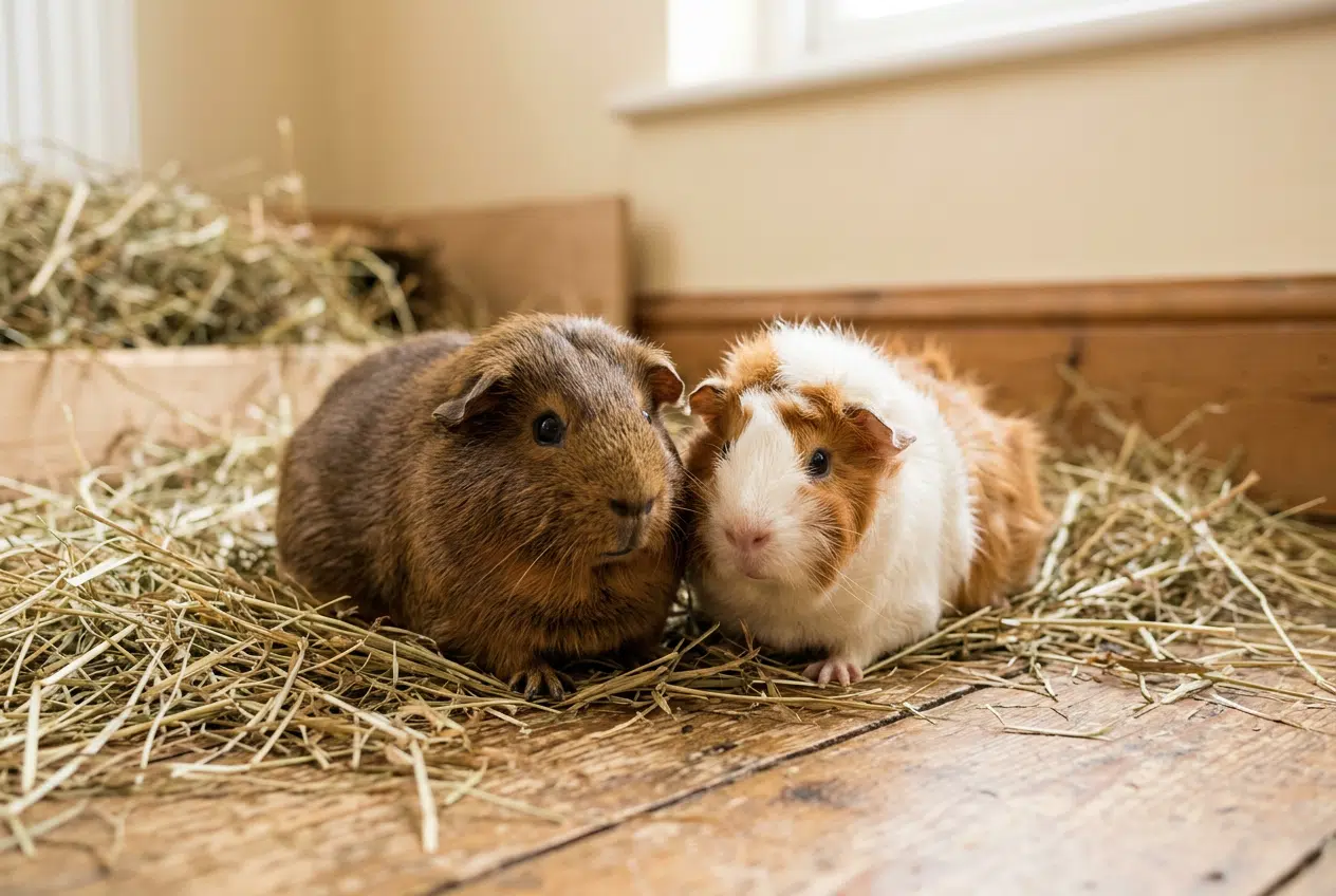 Deux cochons d'Inde ensemble Deux cochons d'Inde côte à côte sur un sol en bois, illustrant le besoin de compagnie du cobaye
