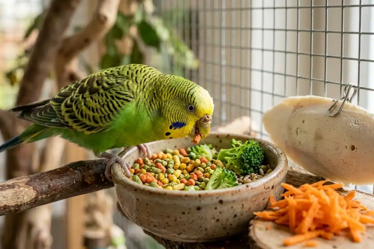 Alimentation de la perruche : extrudés et légumes frais Perruche ondulée mangeant des granulés extrudés et des légumes frais avec un os de seiche