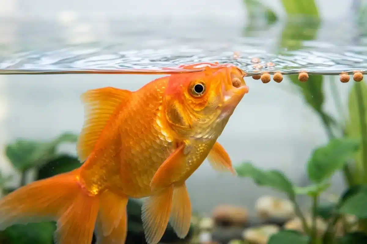 Alimentation du poisson rouge Poisson rouge mangeant des granulés à la surface de l'eau de son aquarium