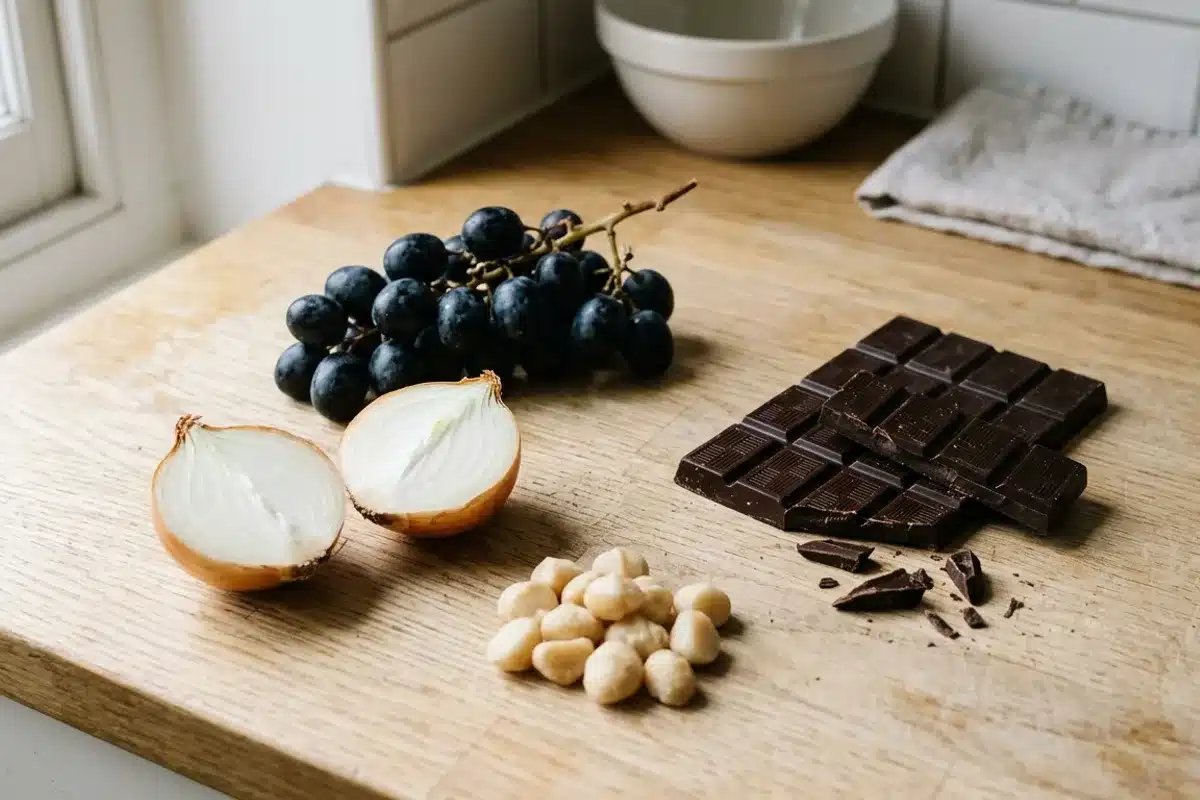Aliments dangereux pour le chien Chocolat, raisin, oignon et noix de macadamia, aliments dangereux pour le chien