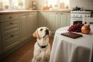 Aliments toxiques pour le chien : un labrador fixe du chocolat, du raisin et un oignon sur une table