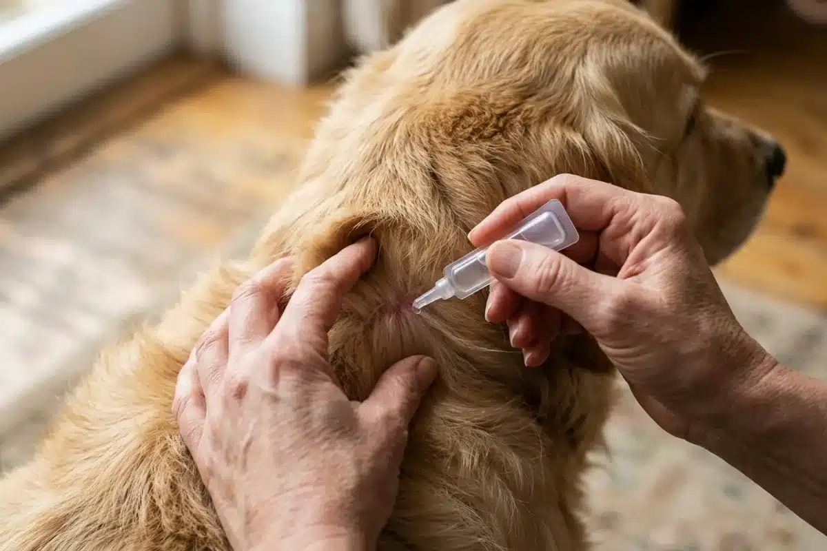 Application d'une pipette antipuce sur le cou d'un chien Application d'une pipette antipuce spot-on sur la peau d'un chien, poils ecartes
