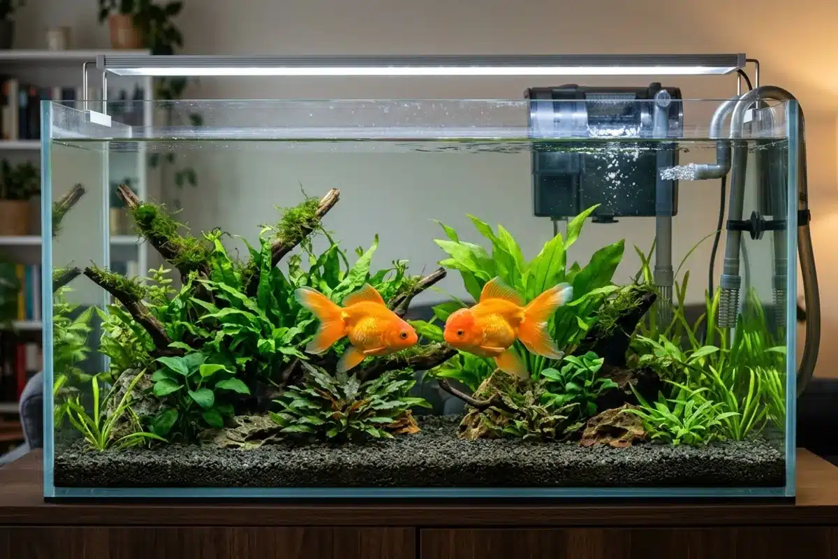 Aquarium équipé pour poissons rouges Aquarium d'eau douce spacieux et filtré hébergeant deux poissons rouges