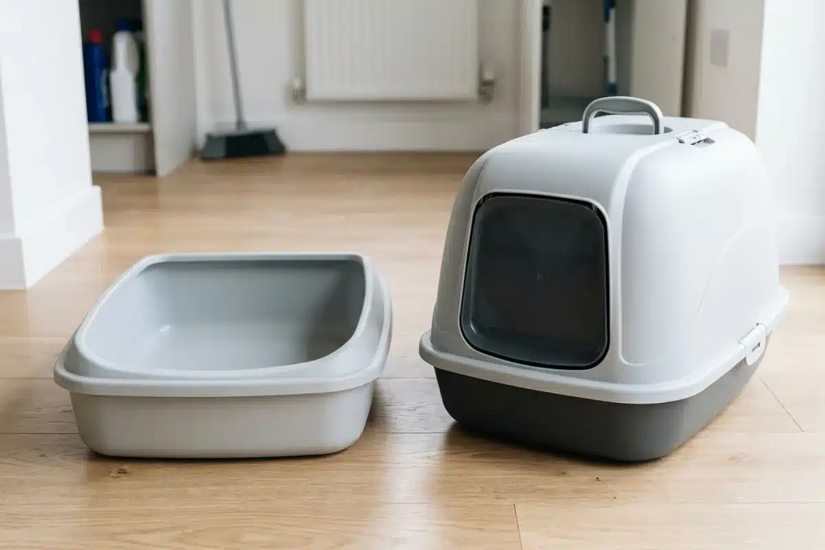 Bac à litière ouvert et bac fermé Un bac à litière pour chat ouvert et un bac fermé avec capot côte à côte