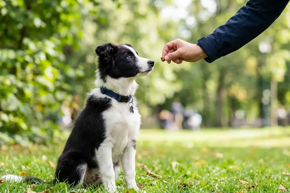 Séance d'éducation positive avec un chiot Border Collie Chiot Border Collie assis et attentif recevant une friandise lors d'une séance d'éducation