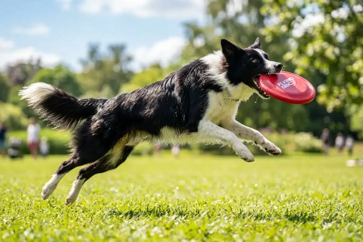 Border Collie bondissant pour attraper un disque volant Border Collie noir et blanc sautant en l'air pour attraper un disque rouge dans un parc