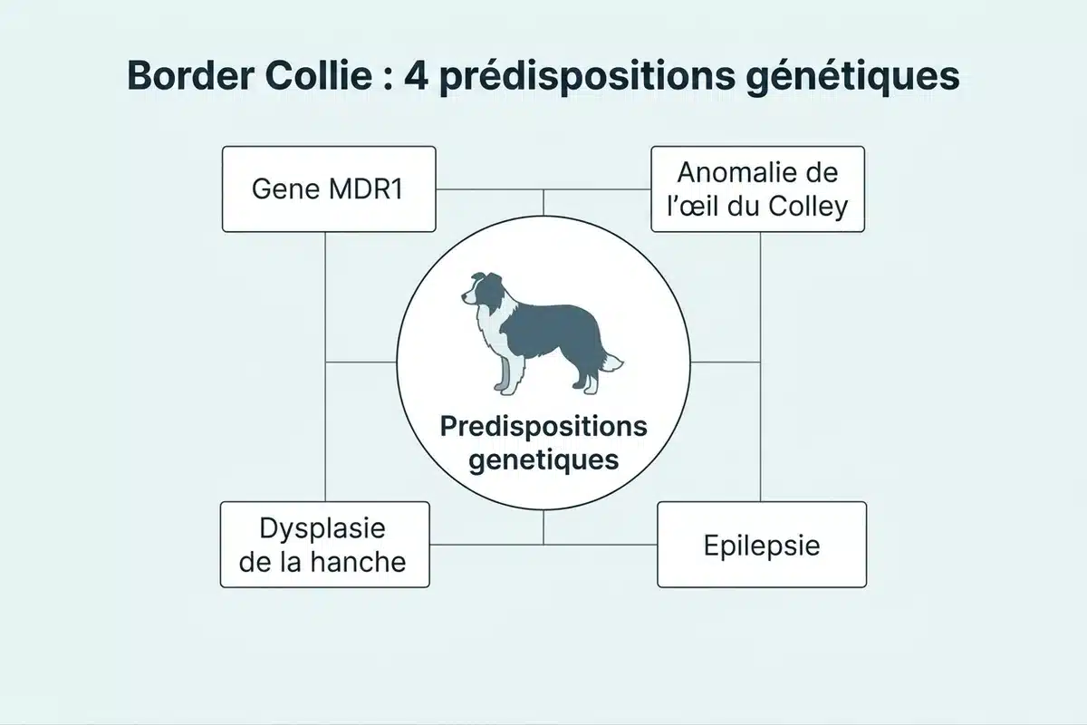 Border Collie : 4 prédispositions génétiques Schéma des quatre principales maladies génétiques du Border Collie : gène MDR1, anomalie de l'œil du Colley, épilepsie, dysplasie de la hanche