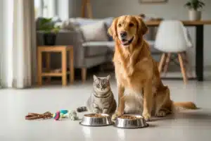 Budget annuel chien et chat : un golden retriever et un chat tigré assis près de leurs gamelles de croquettes dans un salon